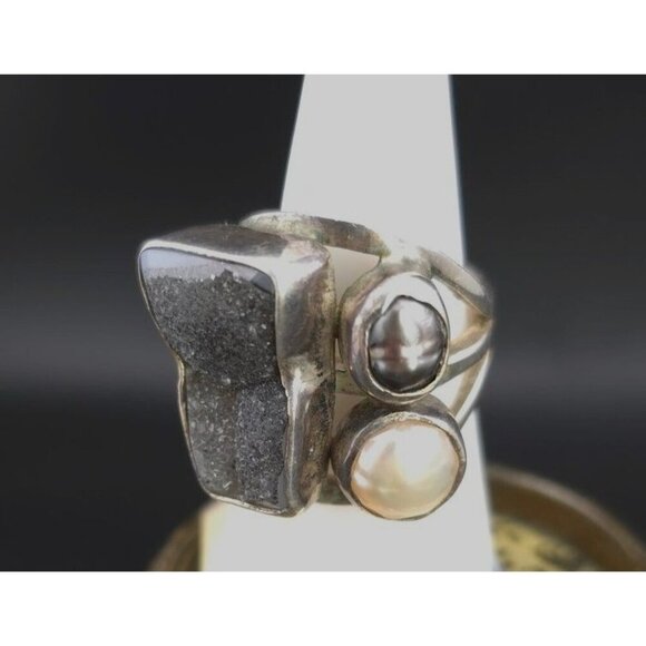 Vintage Brutalist 925 Silver Ring Black Druzy Quartz & Pearls Size 6-3/4 to 7 - Picture 7 of 16